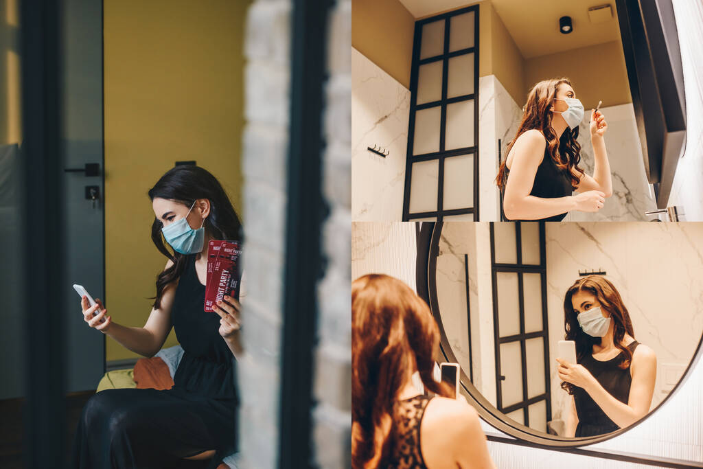 collage van meisje in medische maskers met cosmetische borstel en tickets, het nemen van foto 's en het gebruik van smartphone thuis  - Foto, afbeelding
