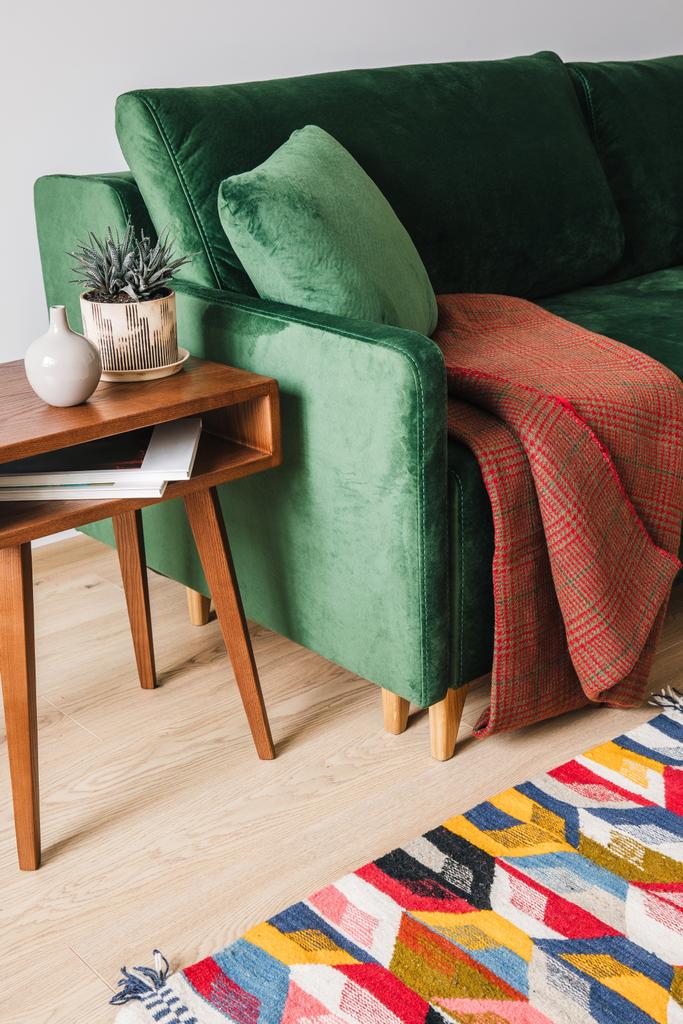 πράσινος καναπές με μαξιλάρι και κουβέρτα κοντά σε ξύλινο τραπεζάκι σαλονιού με φυτικό και πολύχρωμο χαλί - Φωτογραφία, εικόνα