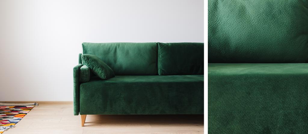 collage of green sofa near colorful rug - Photo, Image