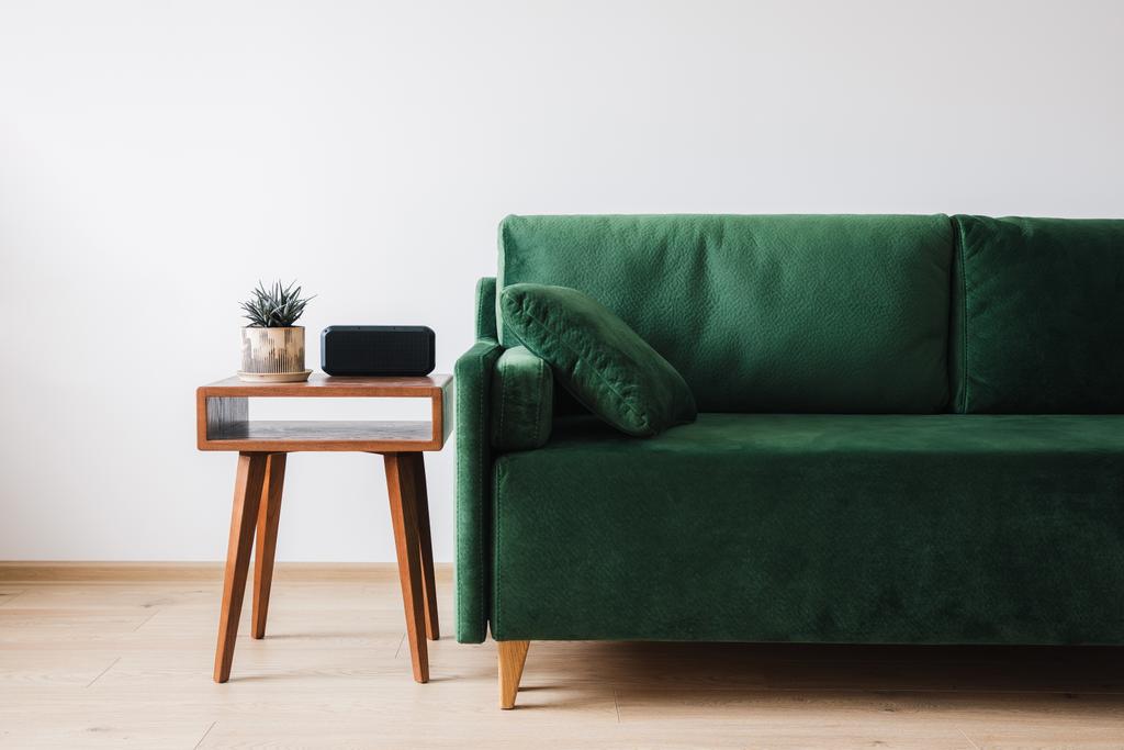 зеленый диван с подушкой и деревянный журнальный столик с растением и будильником
 - Фото, изображение