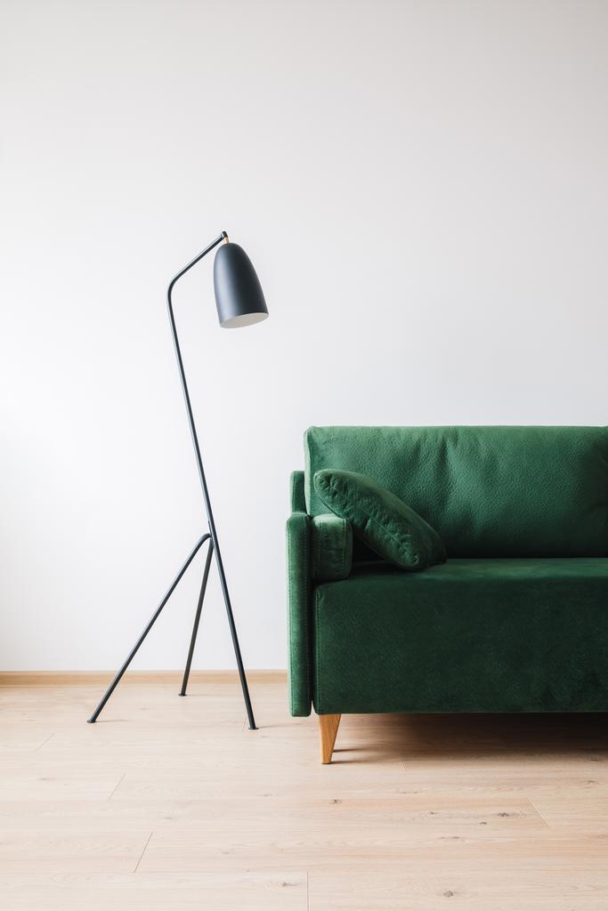 divano verde con cuscino vicino metallo moderna lampada da terra
 - Foto, immagini