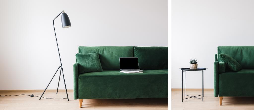colagem de sofá verde com travesseiro e laptop com tela em branco em livros perto de metal moderna lâmpada de assoalho e mesa de café com planta
 - Foto, Imagem
