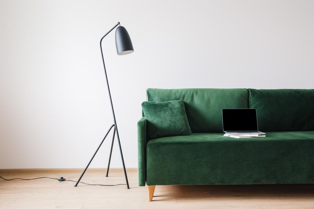 green sofa with pillow and laptop with blank screen on books near metal modern floor lamp - Photo, Image