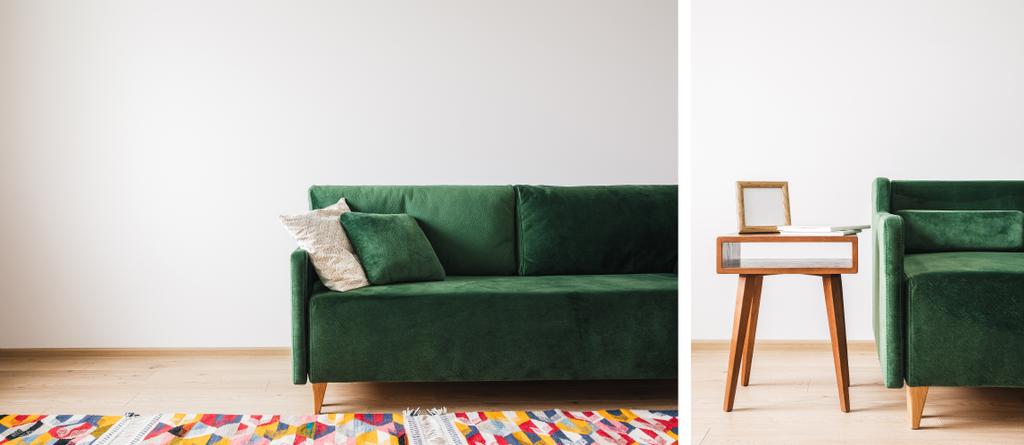 Коллаж современного зеленого дивана с подушками в просторной комнате с красочным ковром и журнальным столиком
 - Фото, изображение