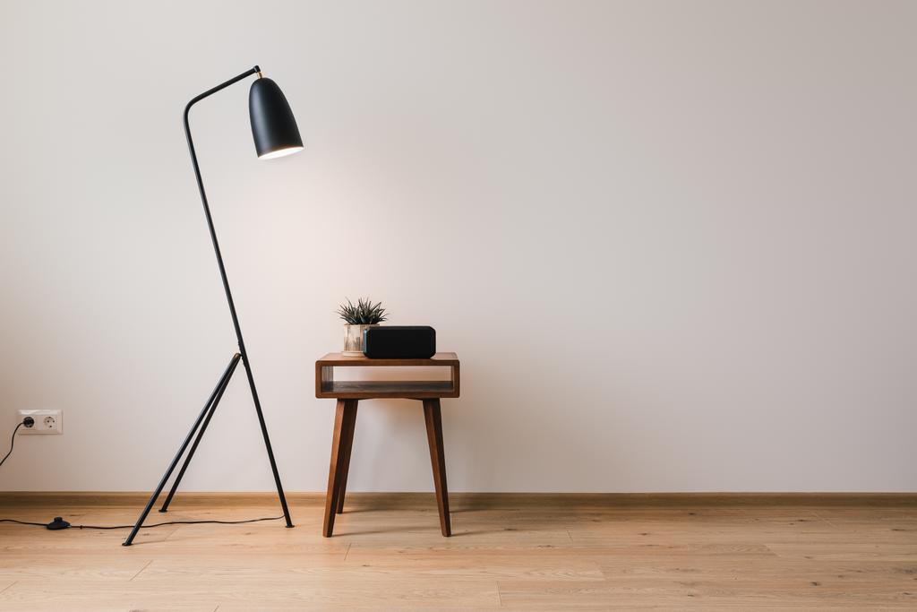 kovová podlahová lampa a dřevěný konferenční stolek s rostlinou a hodinami s prázdnou obrazovkou - Fotografie, Obrázek