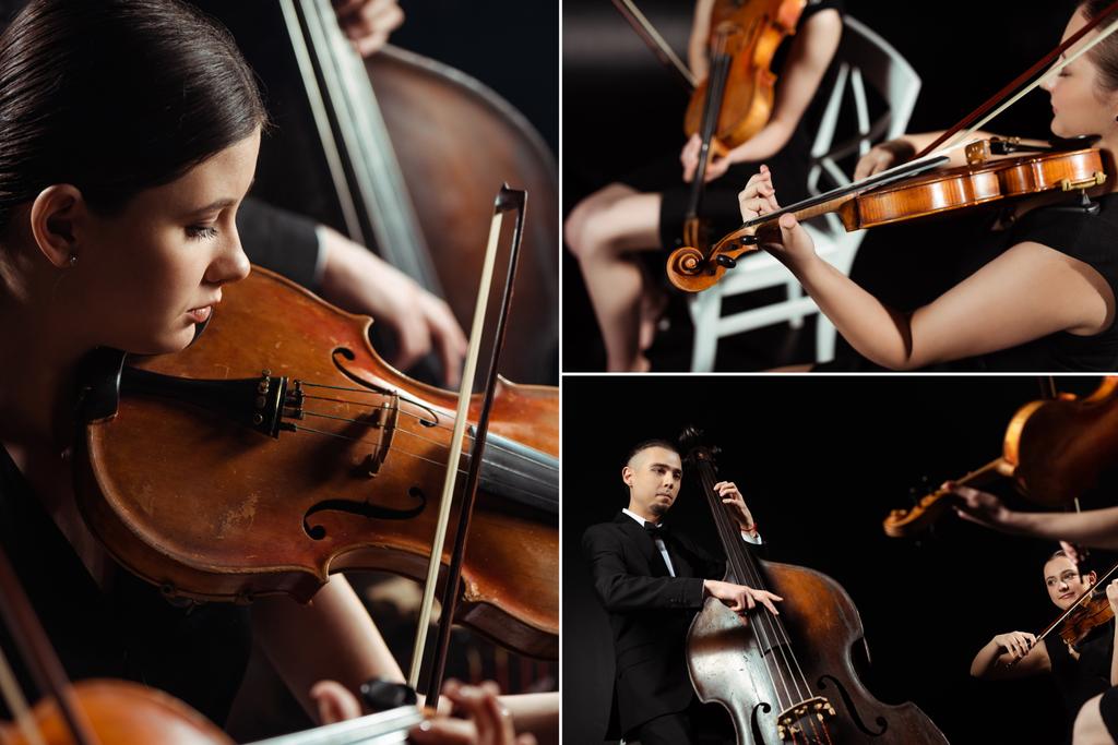 Collage mit drei professionellen Musikern, die auf Geigen und Kontrabass auf der dunklen Bühne spielen - Foto, Bild