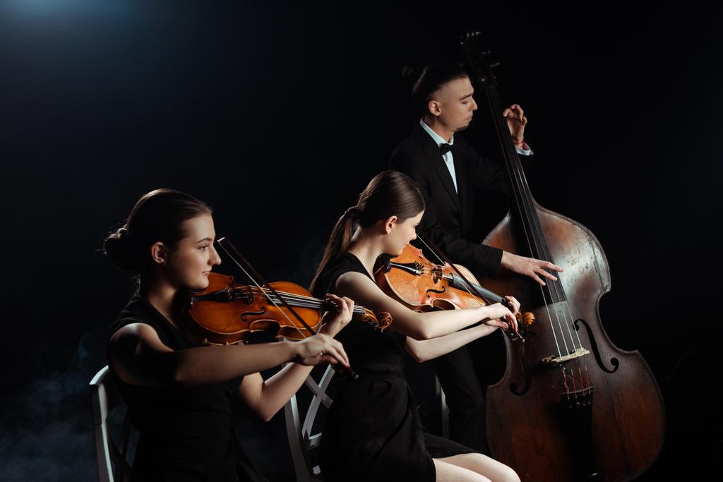 professional musicians playing on double bass and violins isolated on black - Photo, Image
