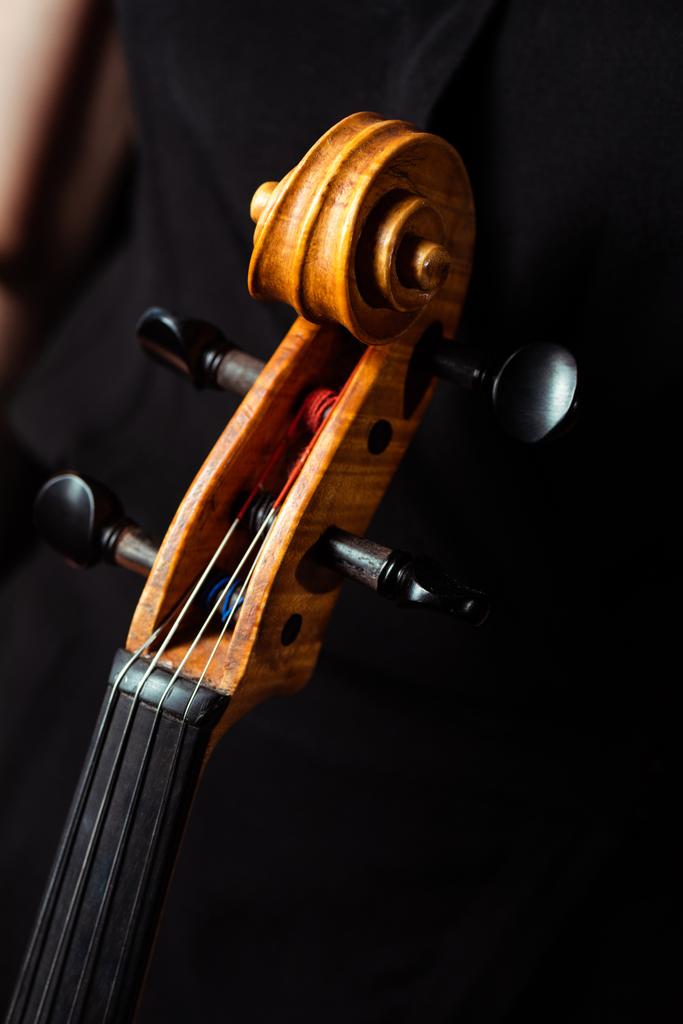 обрезанный вид женщины-музыканта и скрипки на темной сцене
 - Фото, изображение