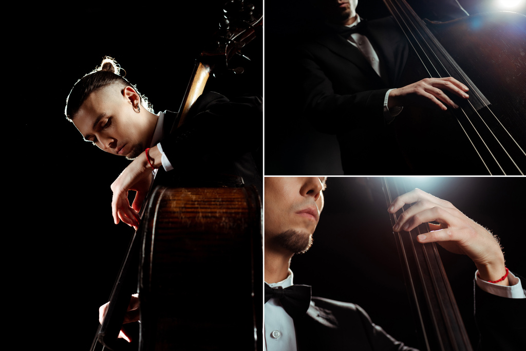 Collage mit Musiker am Kontrabass auf dunkler Bühne mit Hintergrundbeleuchtung - Foto, Bild