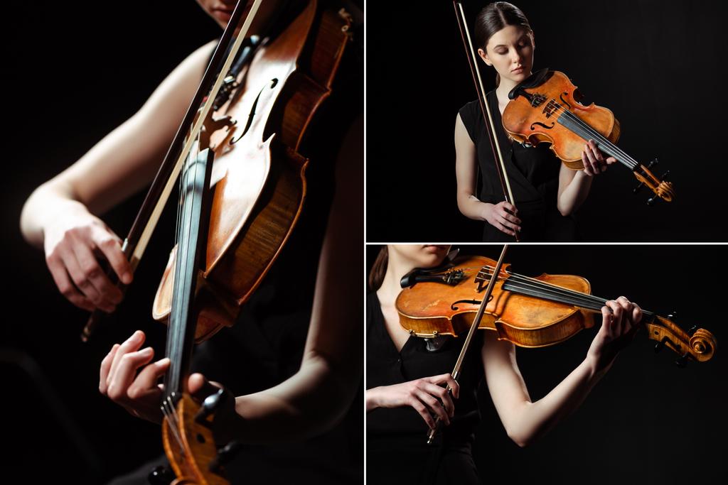collage con música femenina tocando sinfonía sobre violín aislado sobre negro
 - Foto, imagen