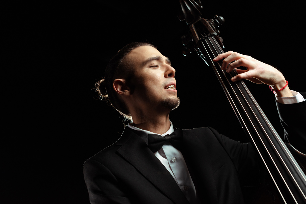 handsome male musician playing on contrabass isolated on black - Photo, Image