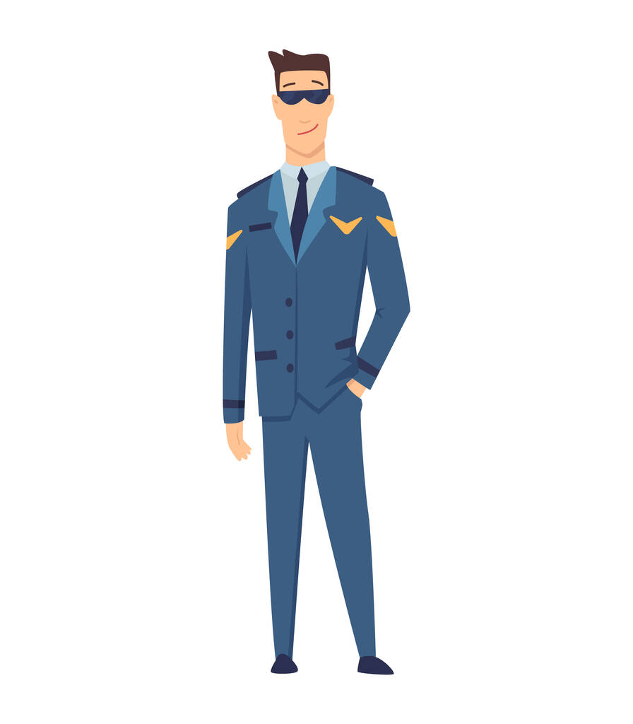 民間航空機のパイロット、航空機の船長、航空機の操縦士や制服を着て笑顔。白地に孤立した陽気な男性漫画のキャラクター。平型のカラフルなベクトルイラスト - ベクター画像