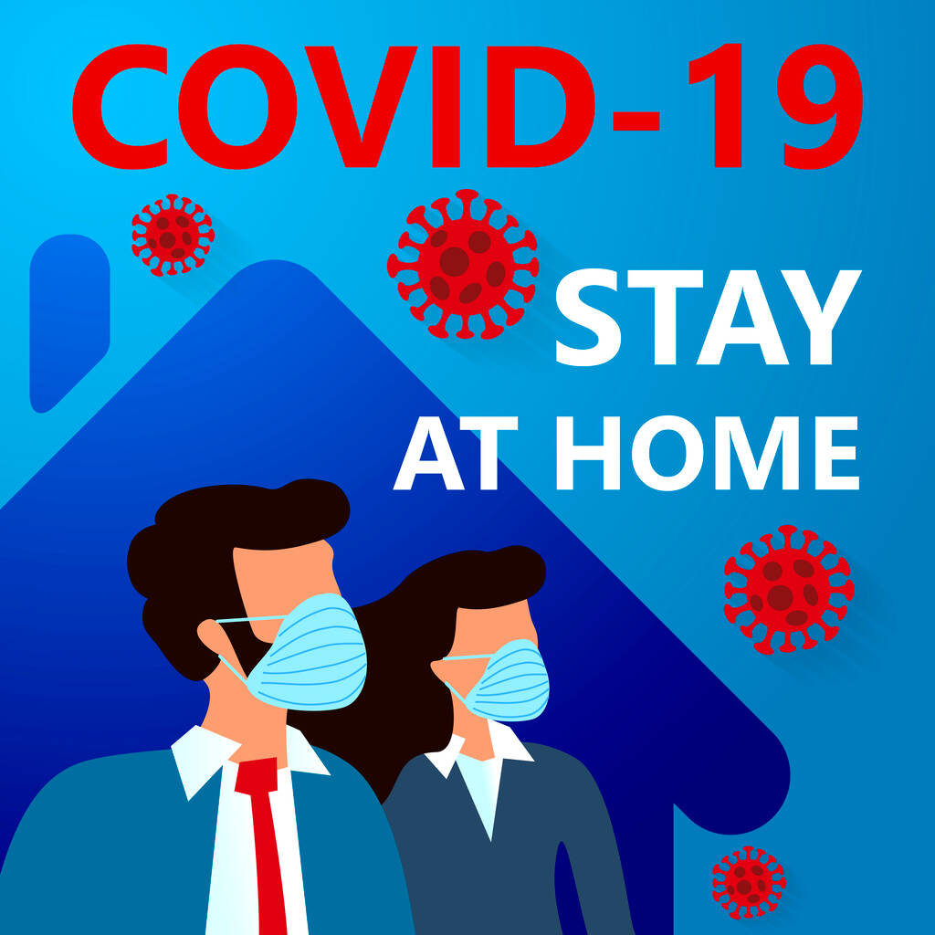 COVID-19 Novel coronavirus 2019-nCoV検疫を行い、青の背景に家に滞在します。女性と男性は医療面に合います。コロナウイルス病2019｜パンデミック保護コンセプト - ベクター画像