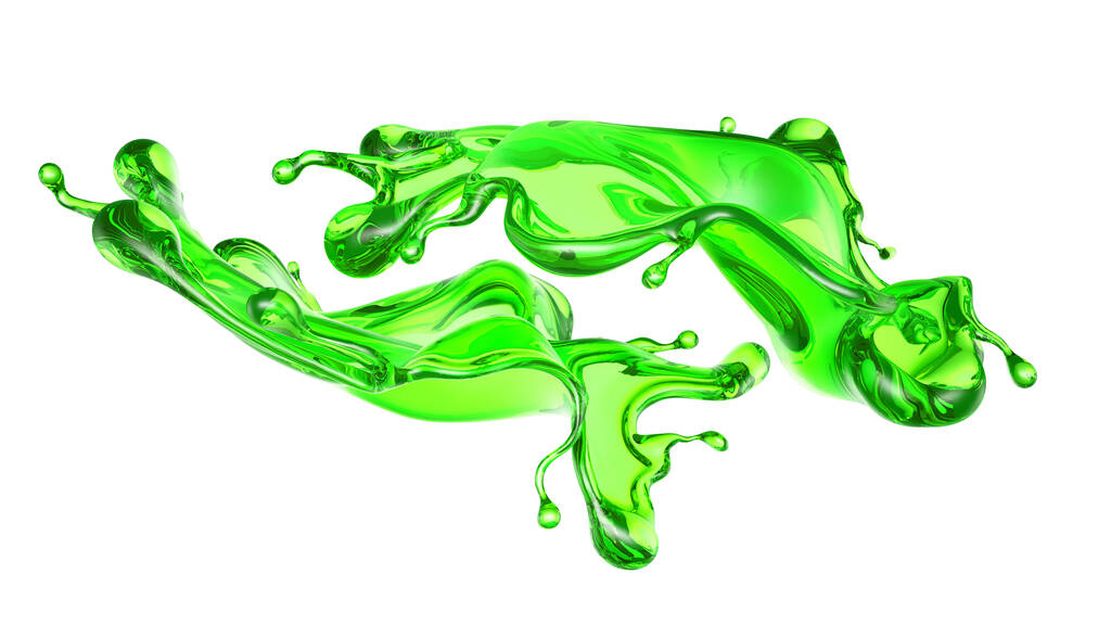 Spritzer transparenter Flüssigkeit grüner Farbe auf weißem Hintergrund. 3D-Darstellung, 3D-Illustration. - Foto, Bild