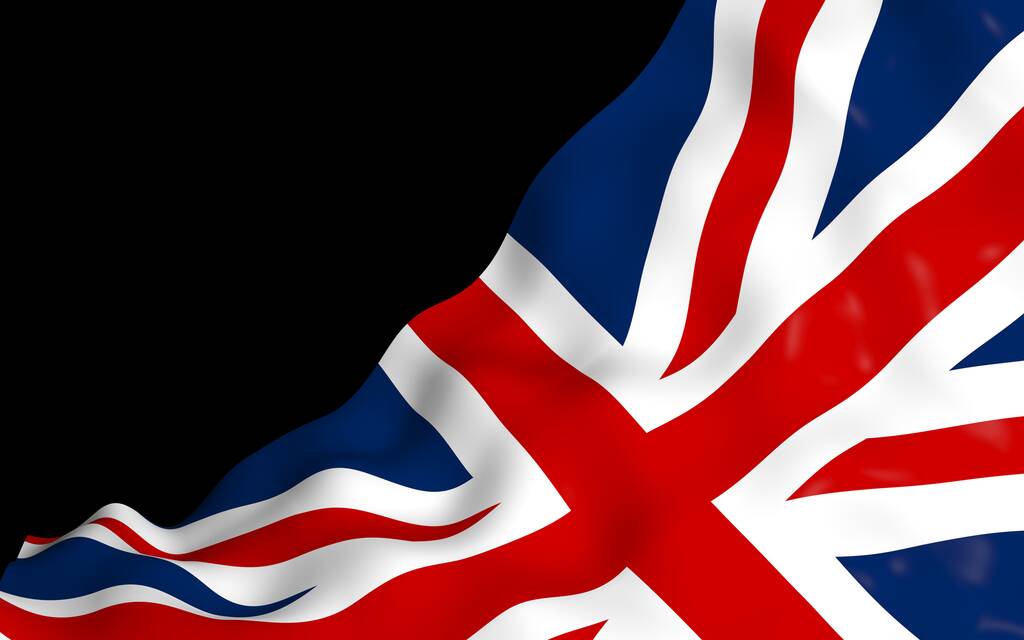 Acenando bandeira da Grã-Bretanha em fundo escuro. Bandeira britânica. Reino Unido da Grã-Bretanha e Irlanda do Norte. Símbolo estatal do Reino Unido. Ilustração 3D - Foto, Imagem