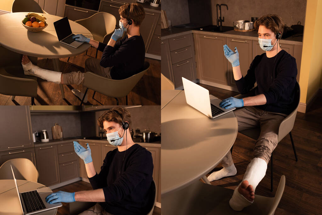 Collage van freelancer in medisch masker en pleister verband op been met laptop en headset in de keuken  - Foto, afbeelding