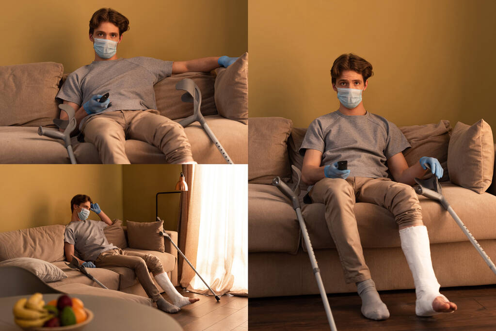 Collage di uomo in maschera medica e bendaggio in gesso sulla gamba guardando la tv a casa
 - Foto, immagini