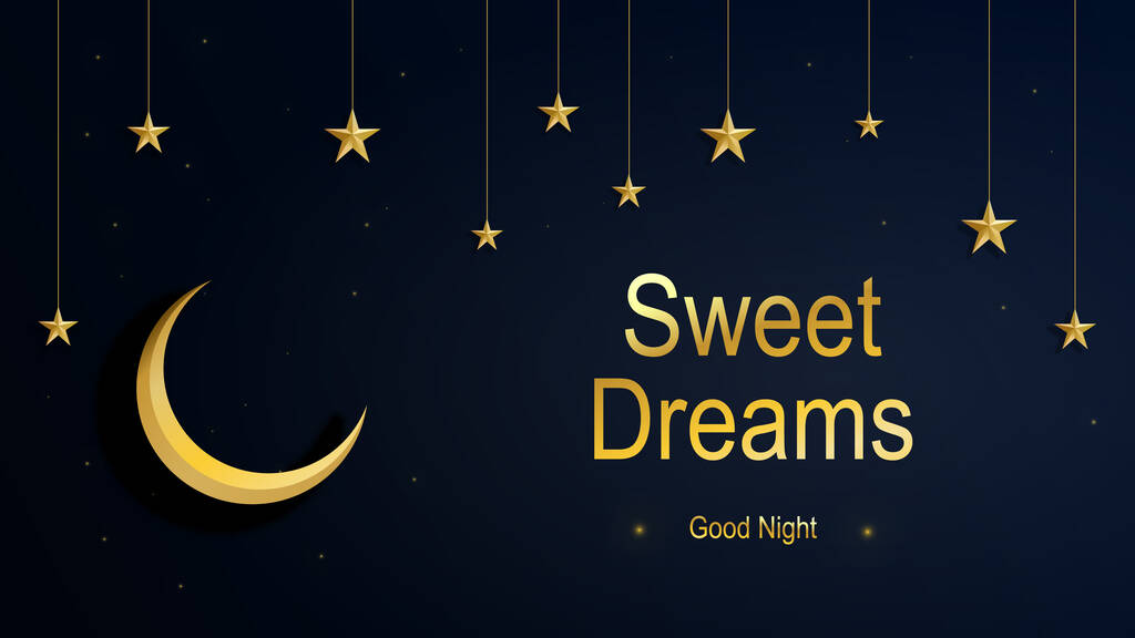 Night dark sky with golden stars and a luminous moon. Lettering sweet dreams and good night. Vector illustration for greeting card, background, invitation, banner, web page, poster - Vector, Image