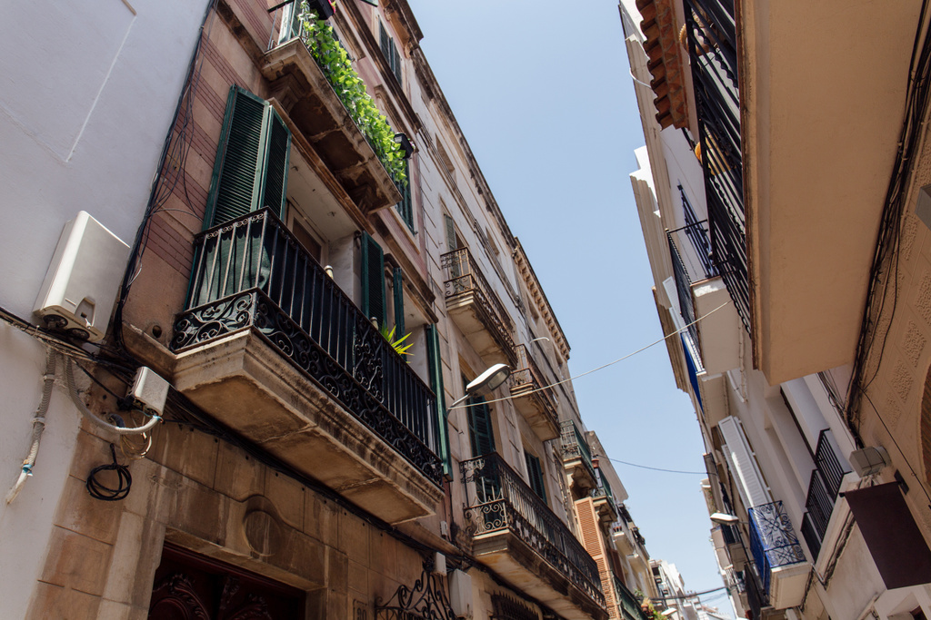 Vue en angle bas de la rue urbaine avec des plantes et une lanterne sur la façade en Catalogne, Espagne
  - Photo, image
