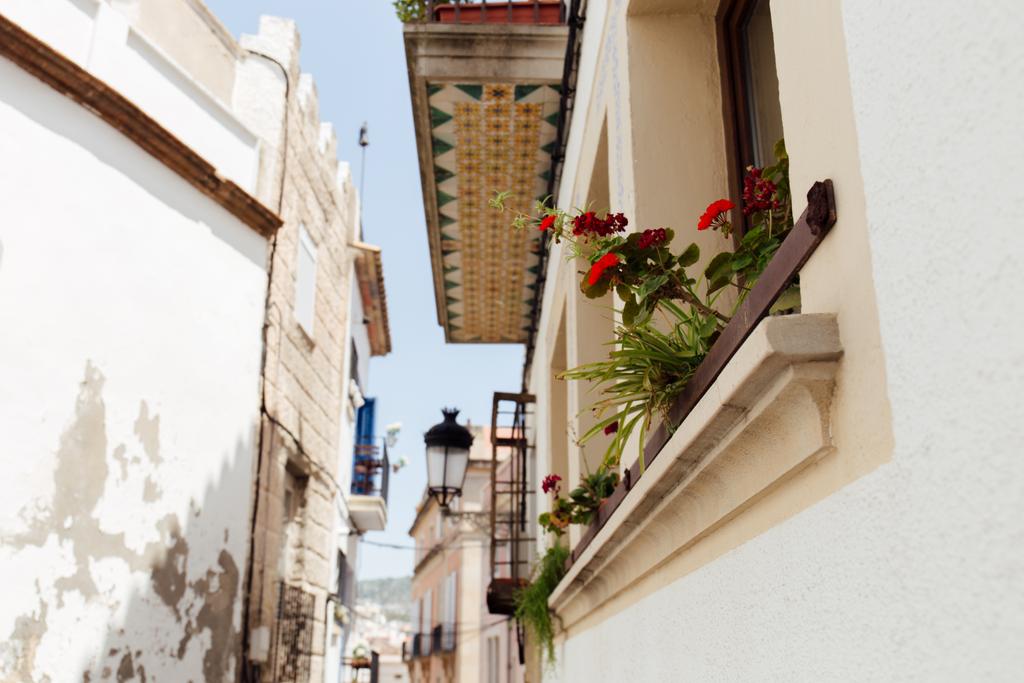 Alacsony szög kilátás nyílik a virágzó virágok ház ablakpárkány a városi utcán Katalóniában, Spanyolország  - Fotó, kép
