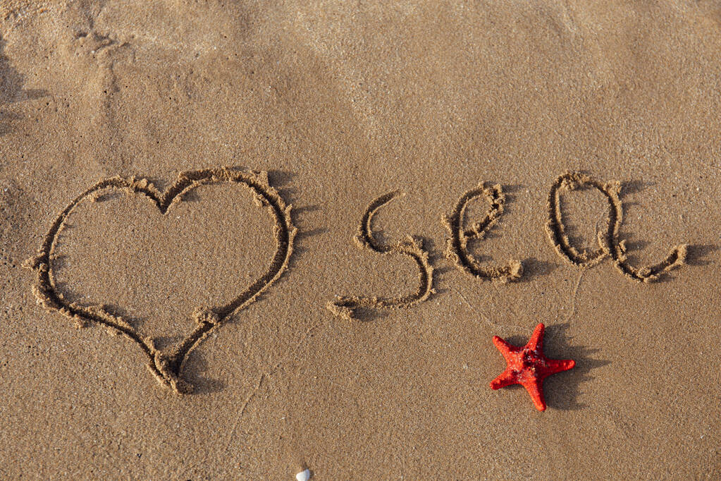 Vista superior do sinal do coração com mar lettering e estrela-do-mar vermelha na areia
  - Foto, Imagem