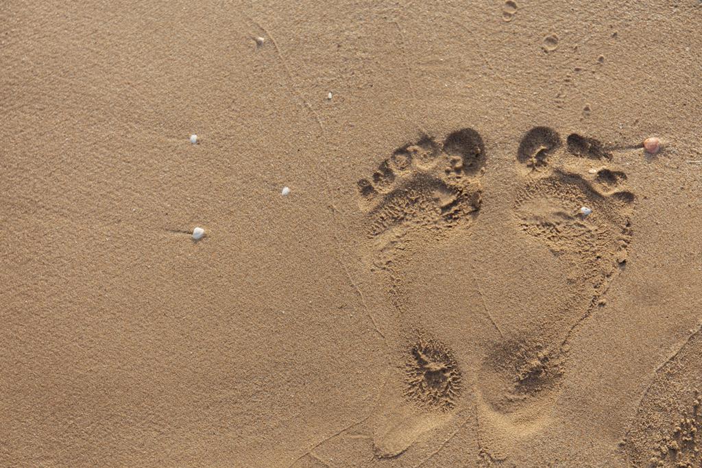 Bovenaanzicht van voetafdrukken op nat strand zand  - Foto, afbeelding