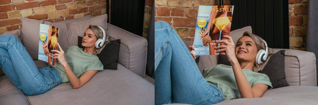 ワイヤレスヘッドフォンでソファにくつろぎながら雑誌を読む若い女性のコラージュ水平画像 - 写真・画像