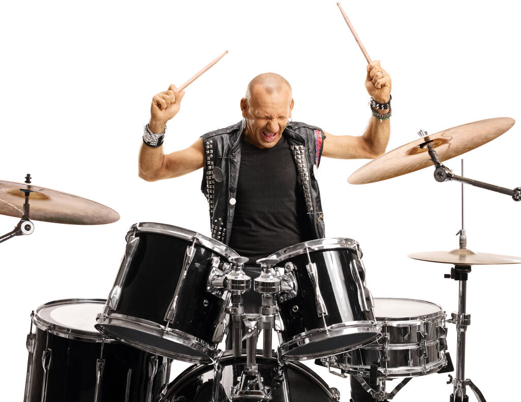 Bald man drummer starting to play drums isolated on white background - Photo, Image