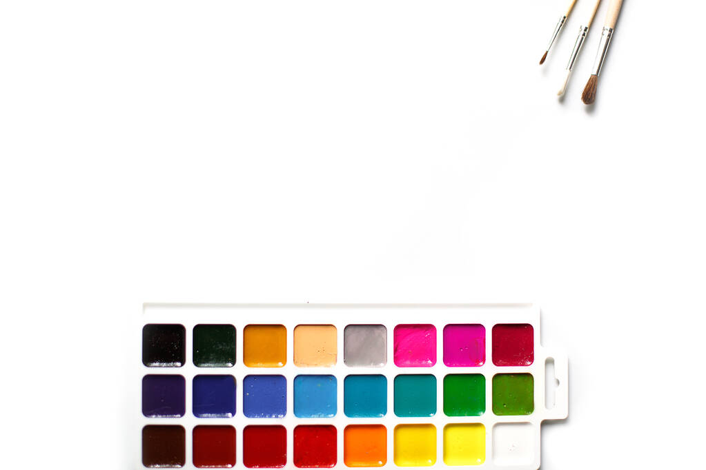 A palette of eighteen-color watercolors and paintbrushes on a white background with space for text. Children's creativity, creative classes with children at home and at school, art master class, the concept of creative development. - Photo, Image