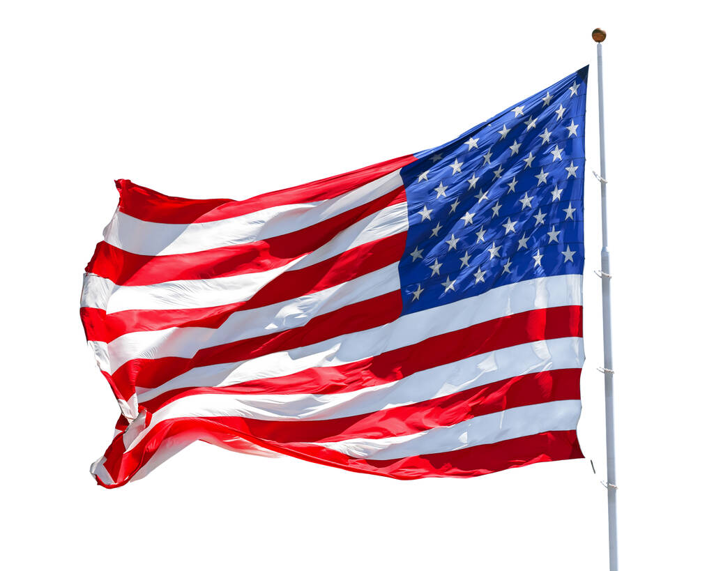 Bandiera americana che sventola isolata nel vento su sfondo bianco, primo piano del movimento della bandiera statunitense, bandiera rossa bianca blu all'aperto alla luce del sole. Bandiera nazionale degli Stati Uniti. Stelle e strisce USA
 - Foto, immagini