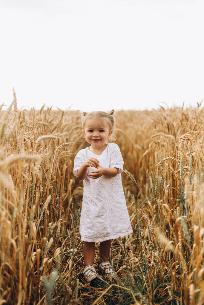 muito bonito bebê menina com um belo sorriso usando chapéu de palha de verão em um passeio nos campos de trigo. foco seletivo. família, conceito de pessoas - Foto, Imagem