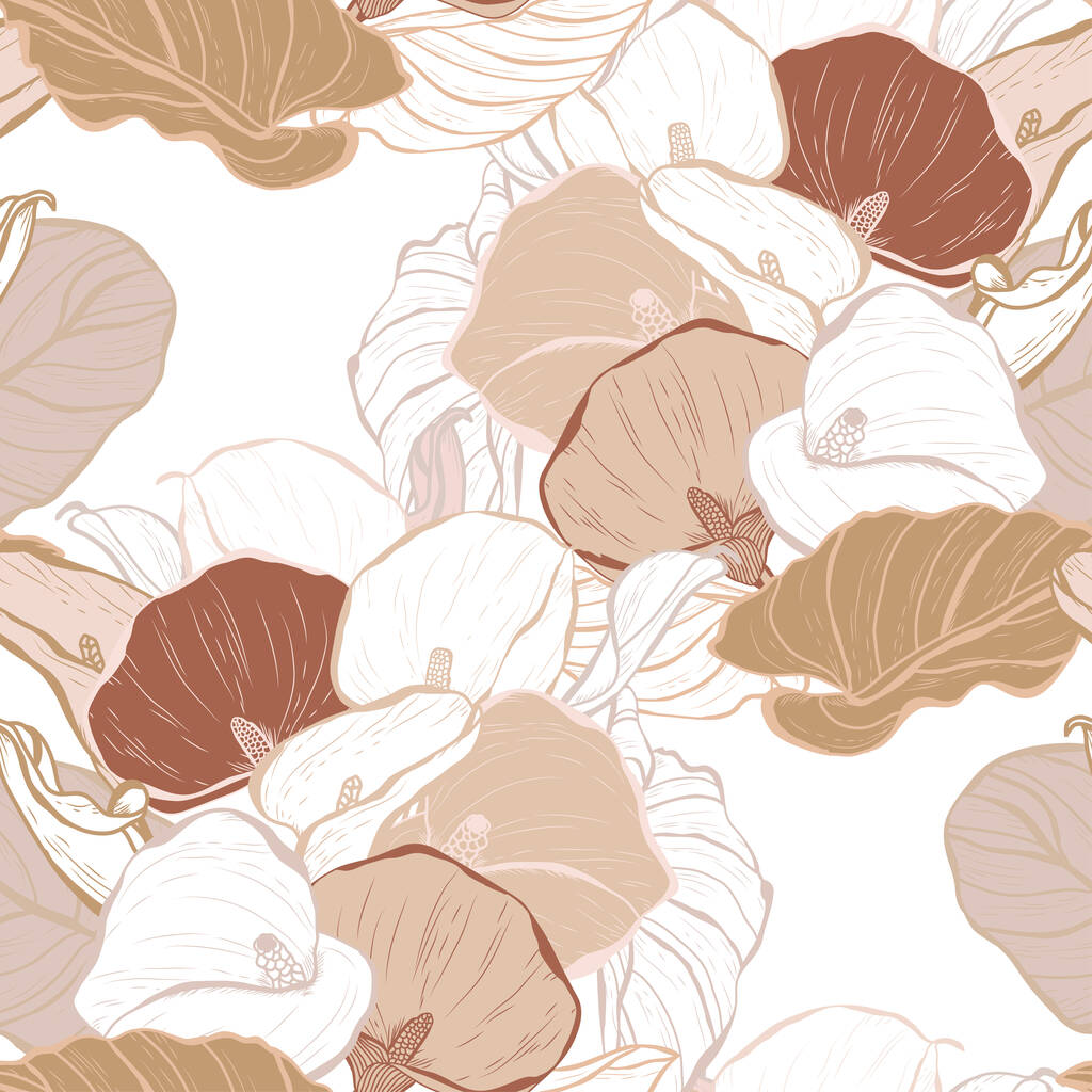 Elegante naadloze patroon met calla bloemen, design elementen. Bloemen patroon voor uitnodigingen, kaarten, afdrukken, cadeau wrap, productie, textiel, stof, wallpapers - Vector, afbeelding