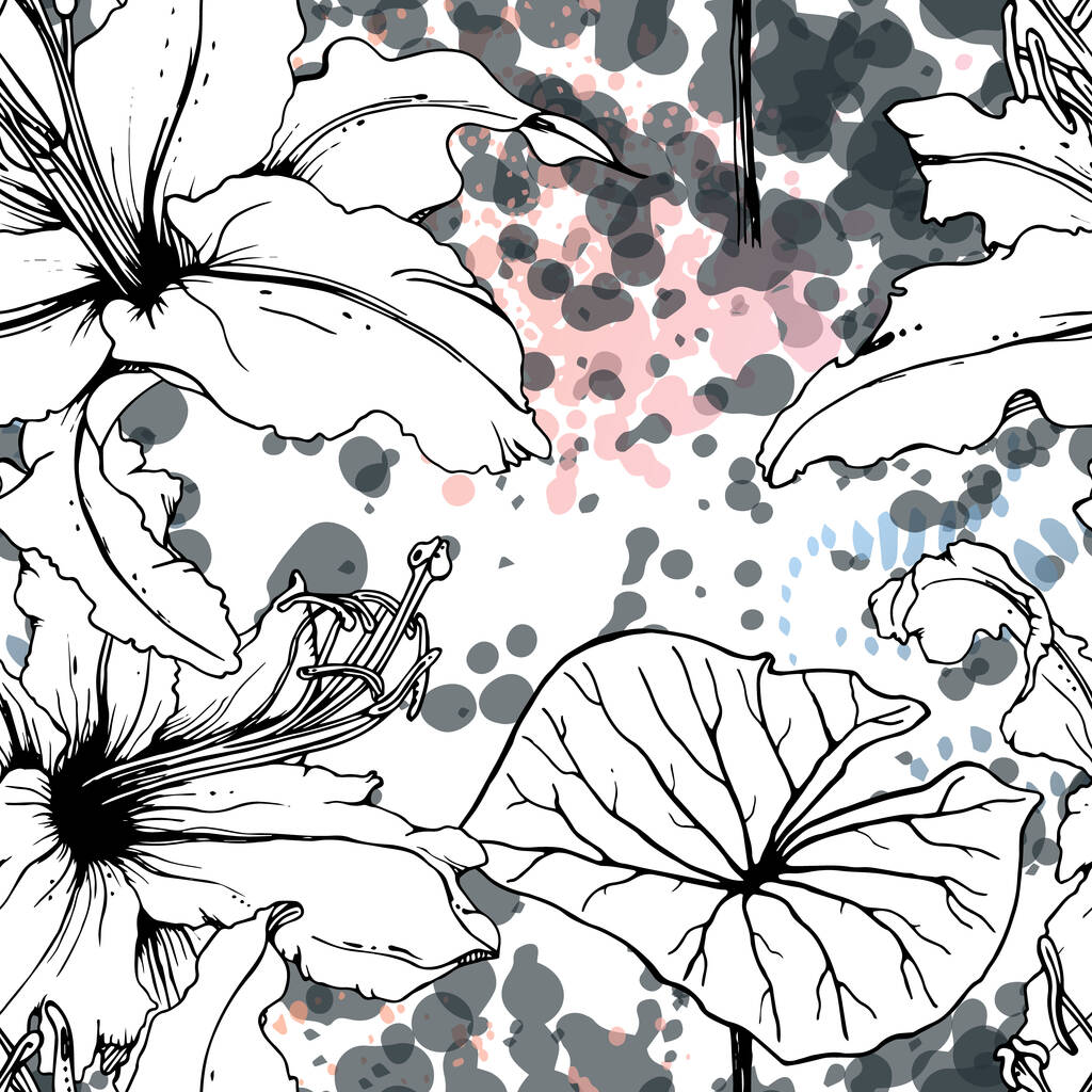 Floral Μαύρο Λευκό Μοτίβο. Σύγχρονη υδατογραφία - Διάνυσμα, εικόνα