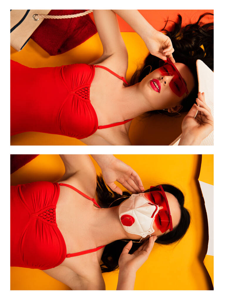 κολάζ του όμορφου κοριτσιού με γυαλιά ηλίου και προστατευτική μάσκα ξαπλωμένη σε πορτοκαλί  - Φωτογραφία, εικόνα