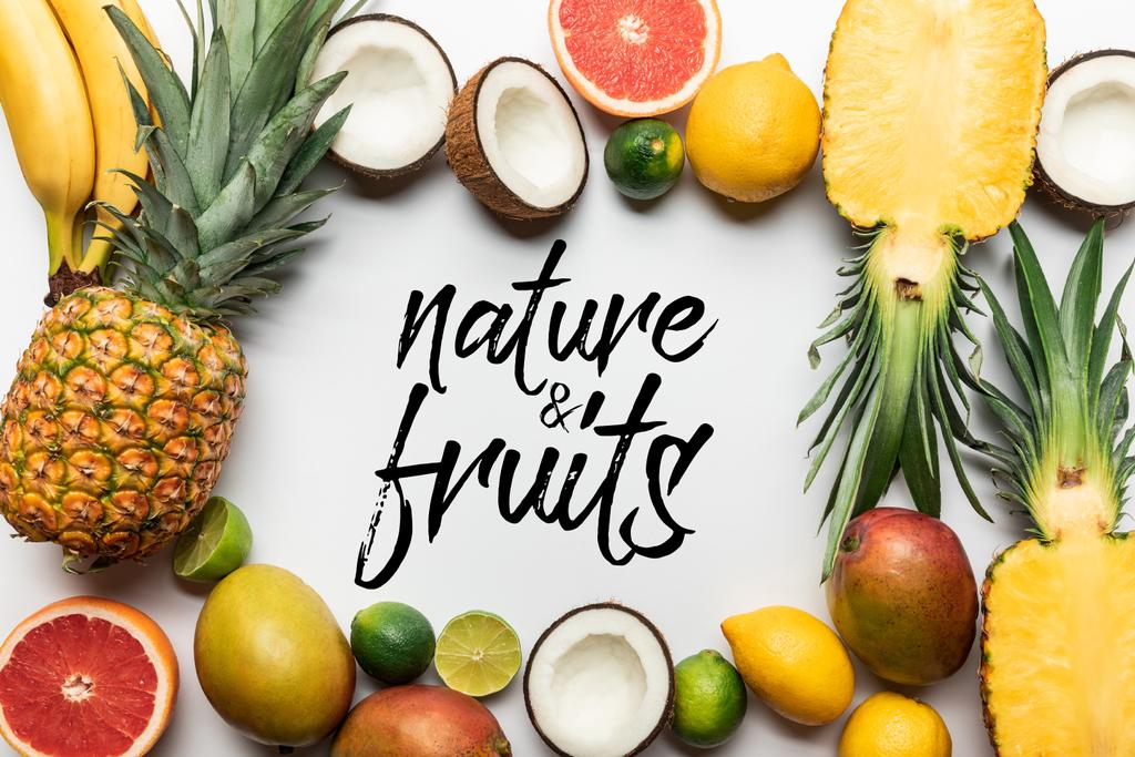 πλαίσιο από βιολογικά εξωτικά φρούτα σε λευκό φόντο με την εικόνα της φύσης και των φρούτων - Φωτογραφία, εικόνα