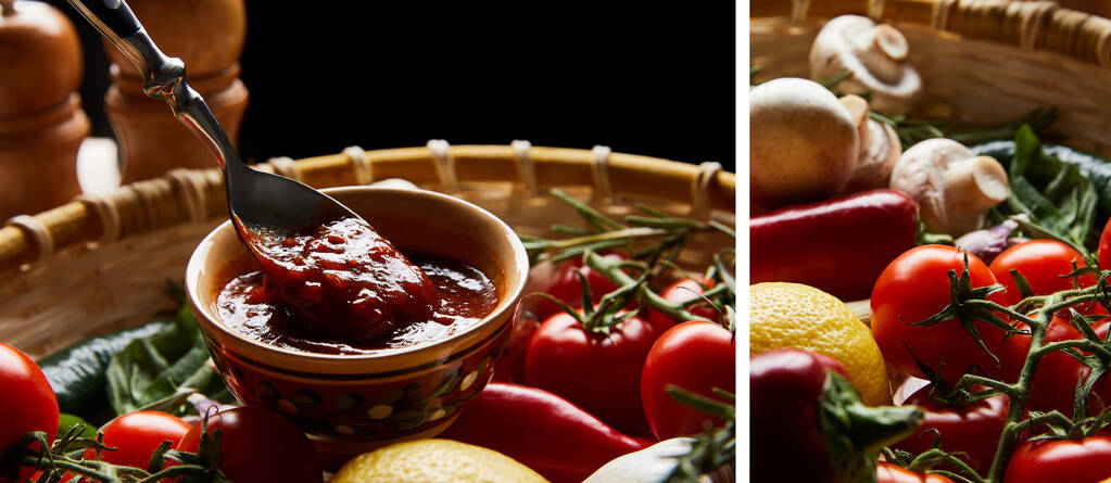 colagem de delicioso molho de tomate com colher perto de legumes maduros frescos em cesta
 - Foto, Imagem
