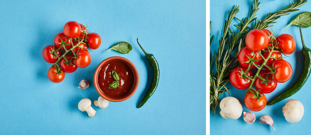 colagem de molho delicioso em tigela perto de legumes maduros frescos no fundo azul
 - Foto, Imagem