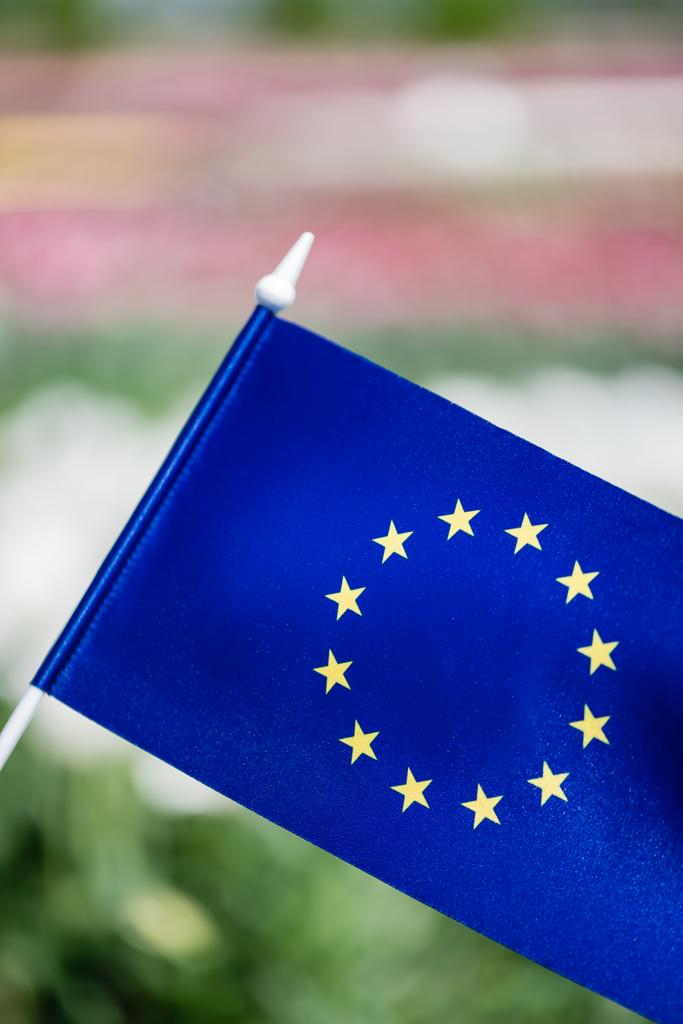 επιλεκτική εστίαση της γαλάζιας σημαίας της Ευρώπης με αστέρια - Φωτογραφία, εικόνα