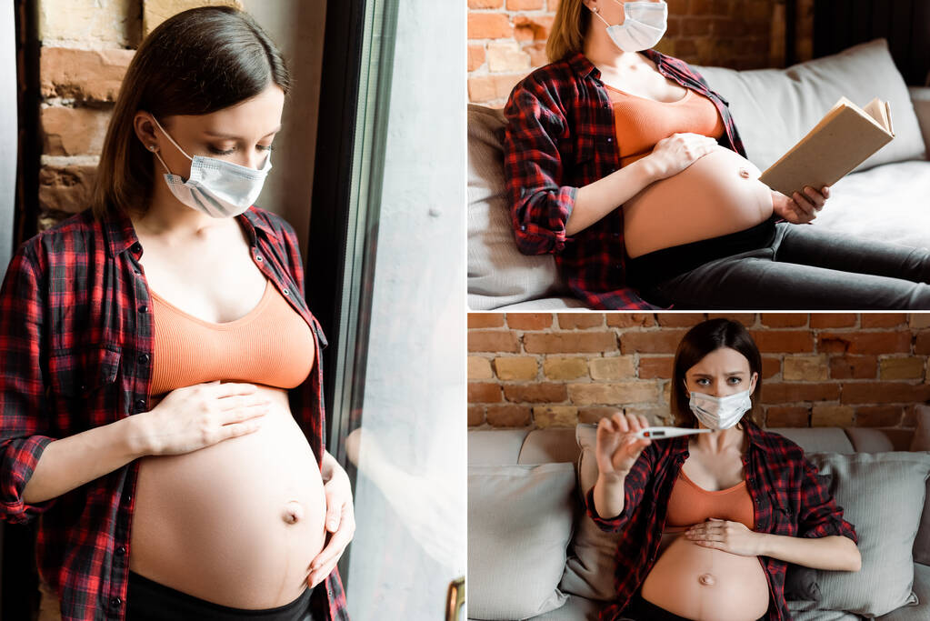 collage di donna incinta in maschere mediche lettura libro, toccando la pancia e tenendo il termometro digitale in soggiorno
  - Foto, immagini