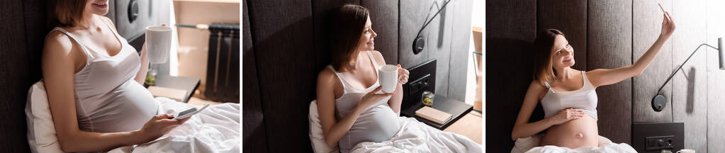 kollaasi onnellinen ja raskaana oleva nainen ottaa selfie älypuhelimella ja tilalla kuppi teetä makuuhuoneessa
  - Valokuva, kuva