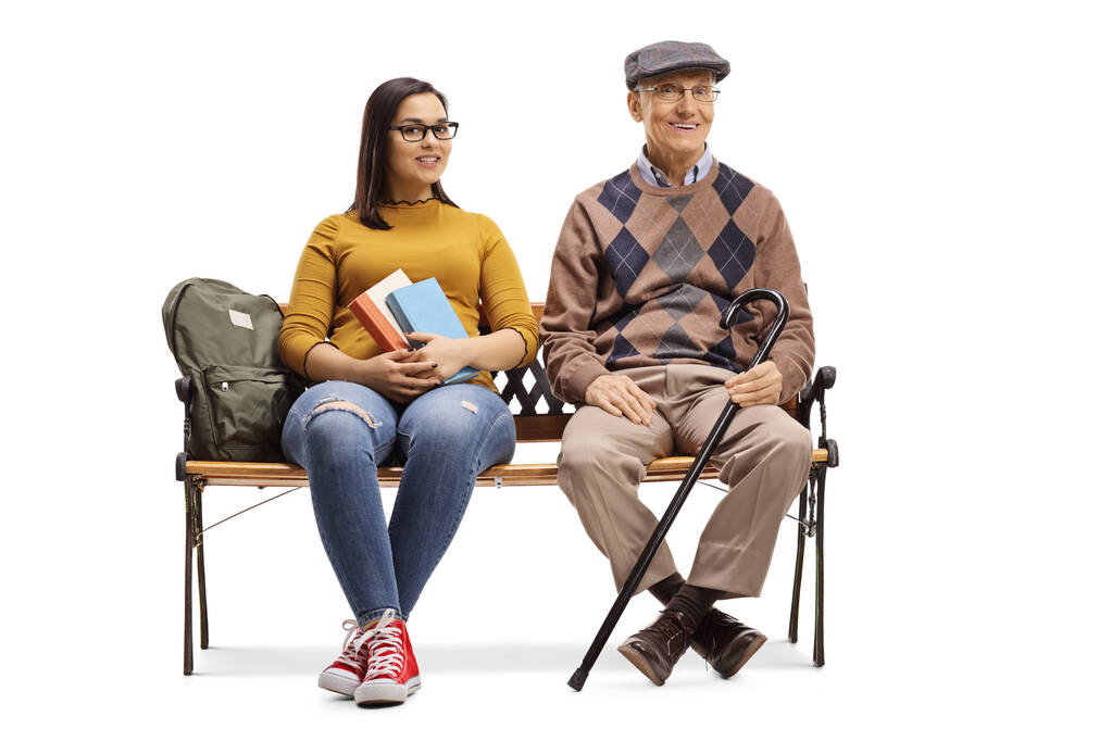 Uomo anziano e una studentessa seduta su una panchina isolata su sfondo bianco
 - Foto, immagini