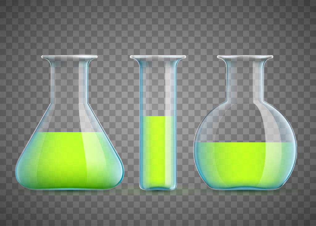 Kémiai laboratóriumi lombik zöld folyadékkal. Egy serpenyőkészlet a kísérlethez. Átlátszó alapon elkülönített sablon. Vektorillusztráció - Vektor, kép