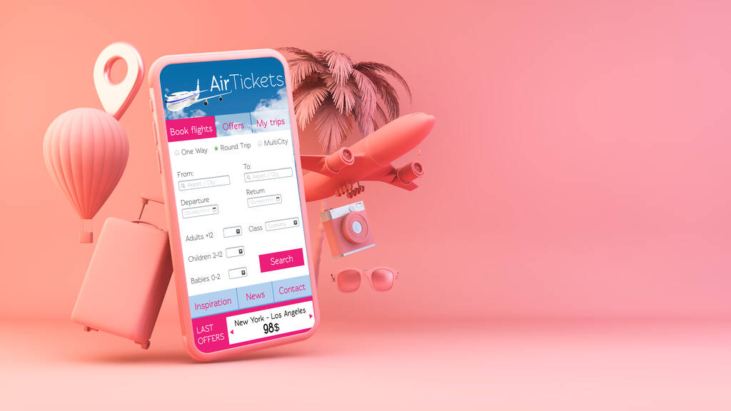 Ροζ smartphone με ταξιδιωτικά αντικείμενα και αεροπορικά εισιτήρια app 3d απόδοση - Φωτογραφία, εικόνα