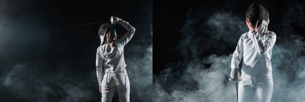Collage of fencer holding fencing mask and rapier on black background with smoke  - Photo, Image