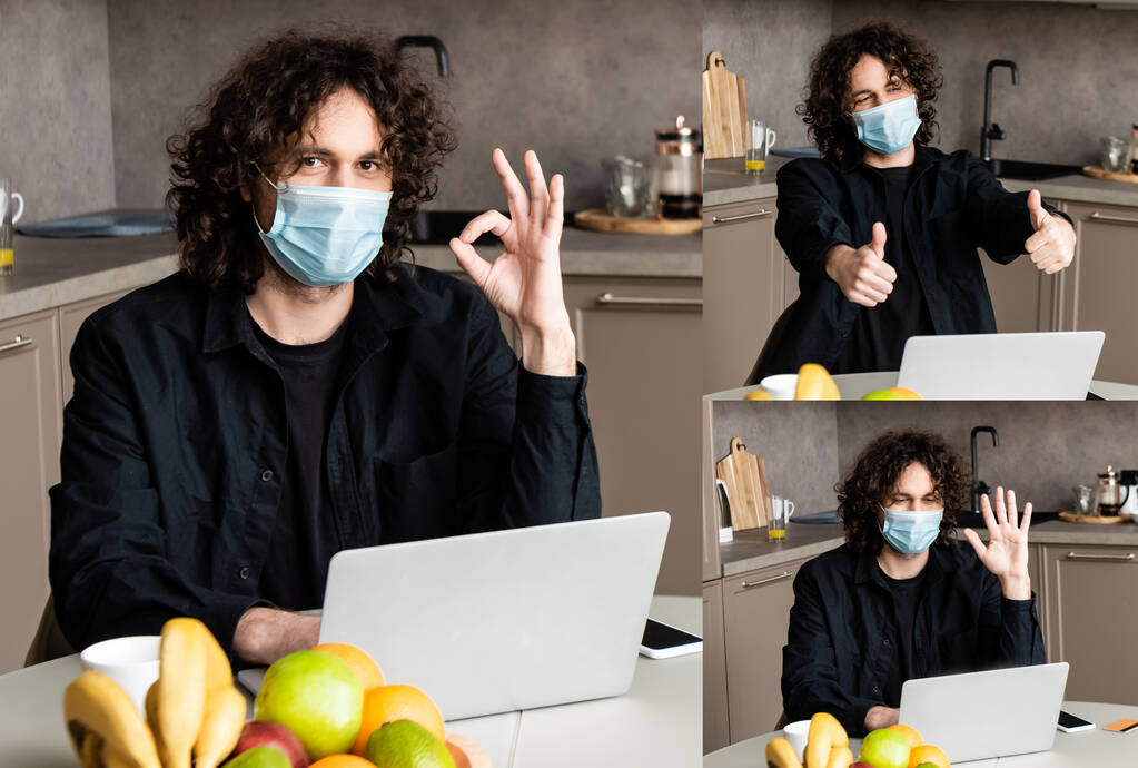коллаж молодого фрилансера в медицинской маске жестикулируя, сидя рядом с ноутбуком на кухне
 - Фото, изображение