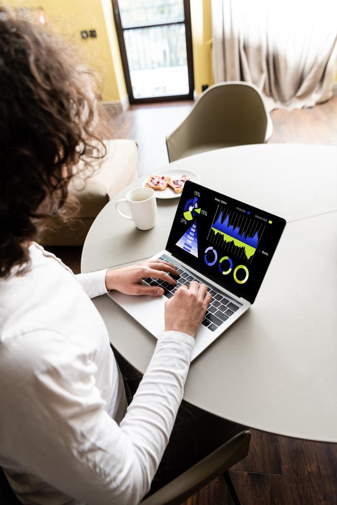 visão de alto ângulo do freelancer usando laptop com gráficos de negócios perto de xícara de café e placa com torradas
 - Foto, Imagem