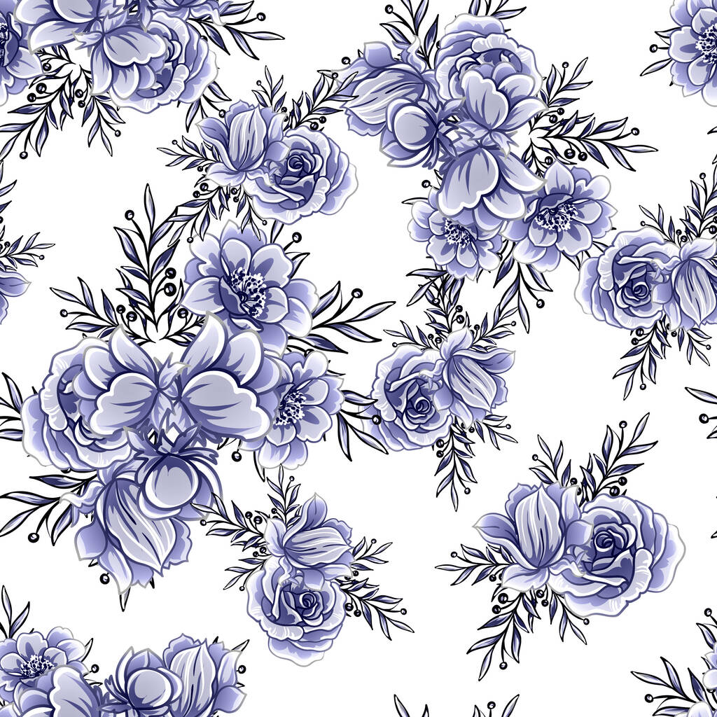 シームレスブルーモノクロヴィンテージスタイルの花パターン - ベクター画像