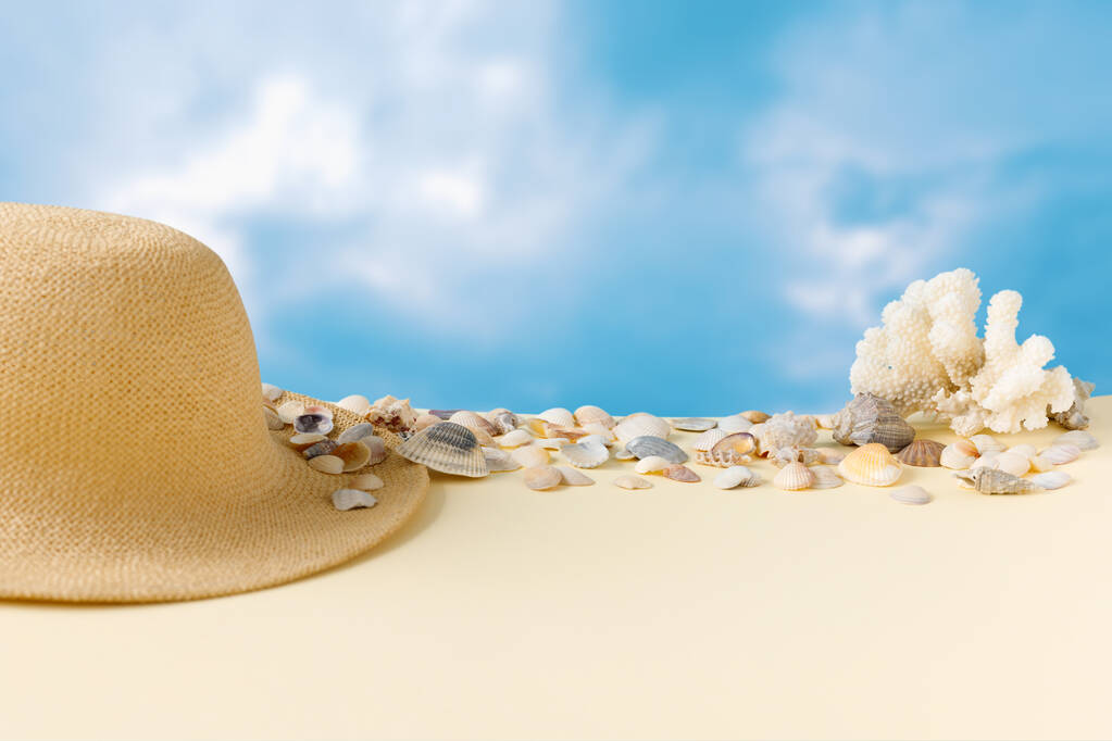  Prachtige strohoed met schelpen aan de oceaankust en blauwe lucht. Natuur zomer achtergrond. - Foto, afbeelding