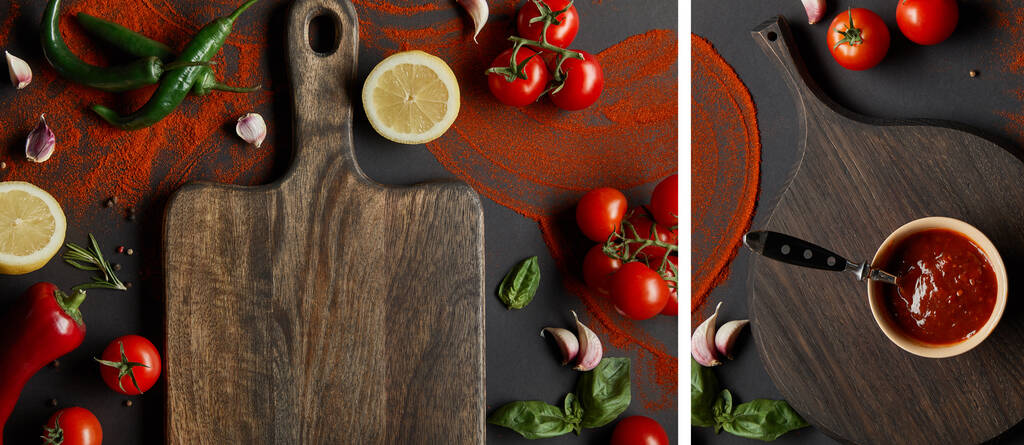 colagem de pasta de tomate em tigela na tábua de corte perto de legumes e ervas em preto
 - Foto, Imagem