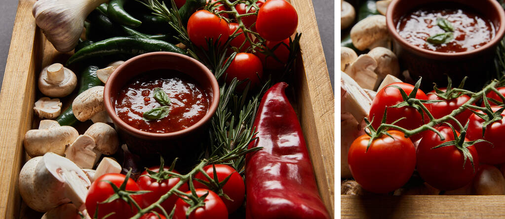 キノコの近くのトマトソースにバジルの葉のコラージュ、赤チェリートマト、ローズマリーと黒の上に木製の箱に唐辛子 - 写真・画像